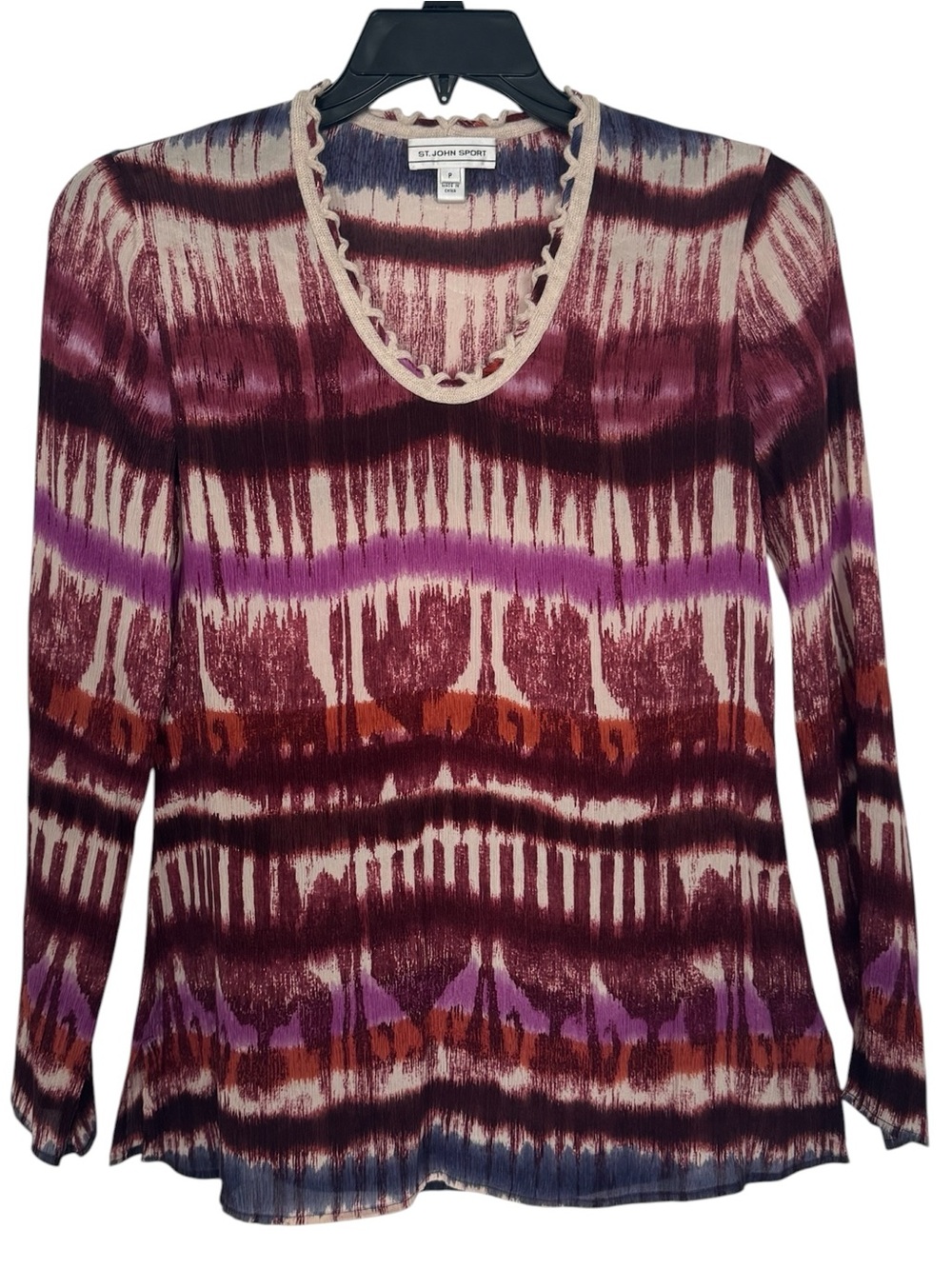 St. John Sport 100% Silk Purple Burgundy Cream Tie Dye Ikat Print Blouse Top Sm